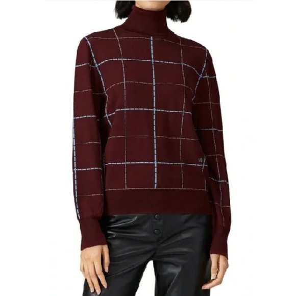 Victoria Beckham Windowpane Check Intarsia Turtleneck Sweater in Burgundy Small - Picture 1 of 8